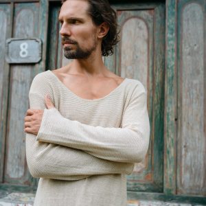 Oversized Knit Cotton Shirt: Deep V Neck Thumb