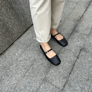 Black Square Toe Mary Jane Leather Flats