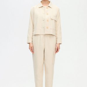 Herringbone Short Jacket Cotton Beige Cream Soft