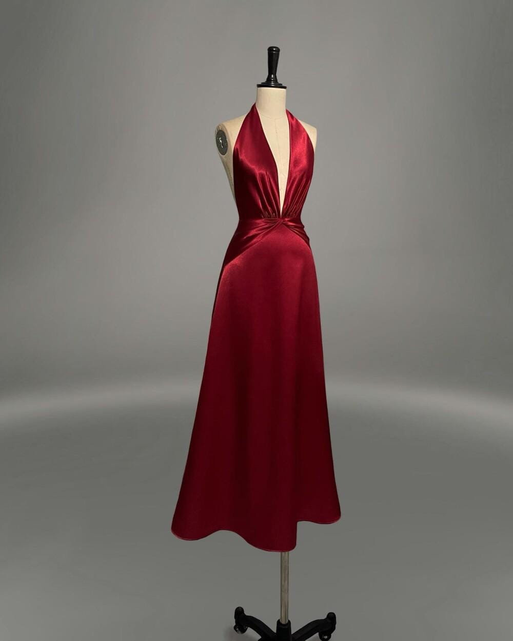 Elegant Deep V Red Satin Halter Dress Backless