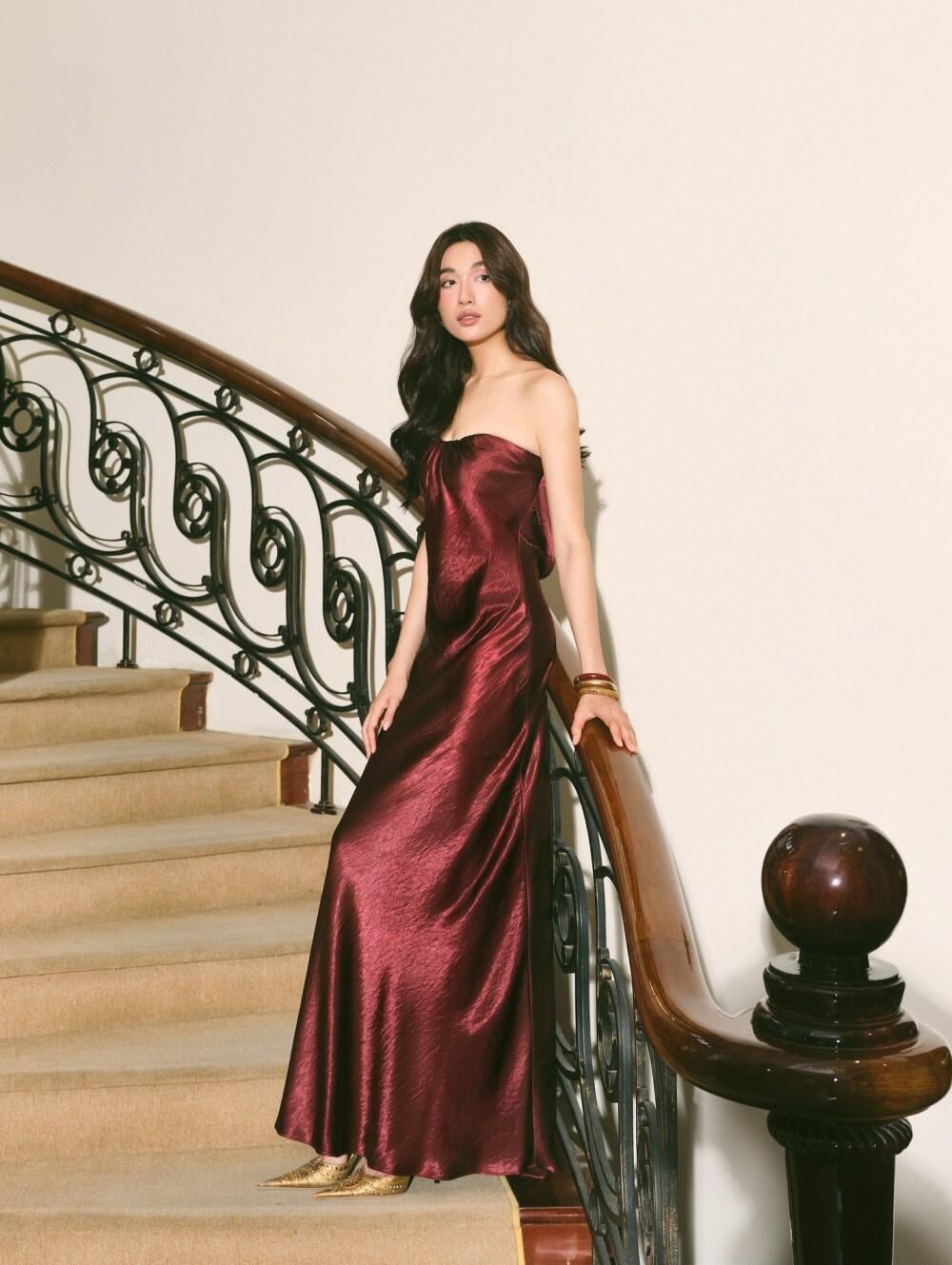 Burgundy Satin Strapless Evening Gown Luxe Floor Length Burgundy Satin Strapless Evening Gown Luxe Floor Length