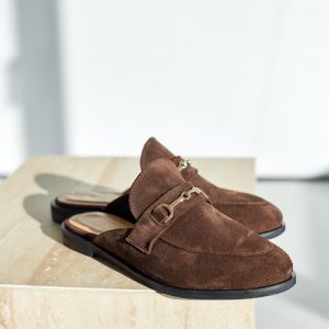 Women's Brown Suede Mules With Chain Detail Backless